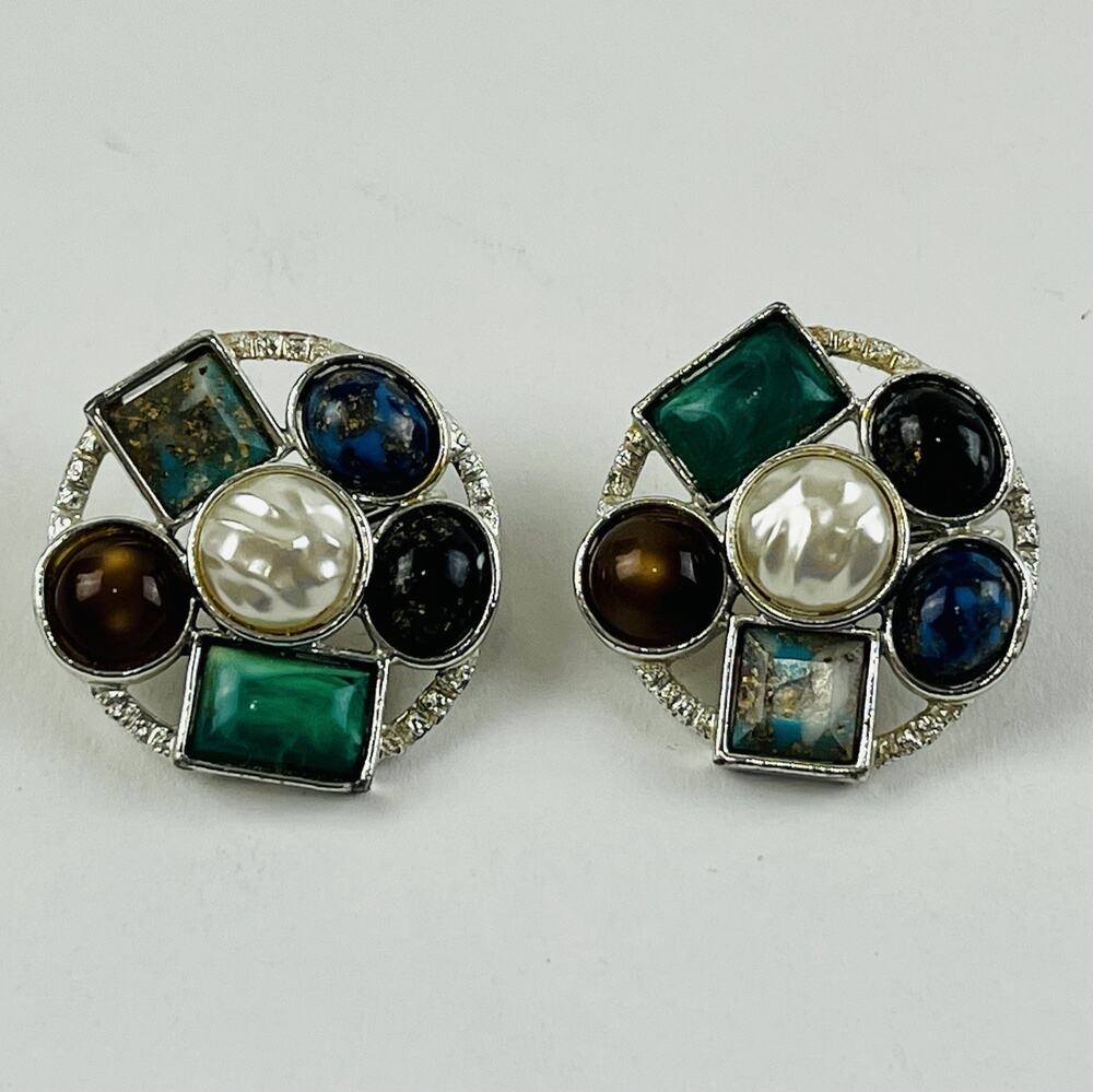 Vintage Sarah Coventry Faux Pearl Mother of Stone Earrings Colorful Silver Green
